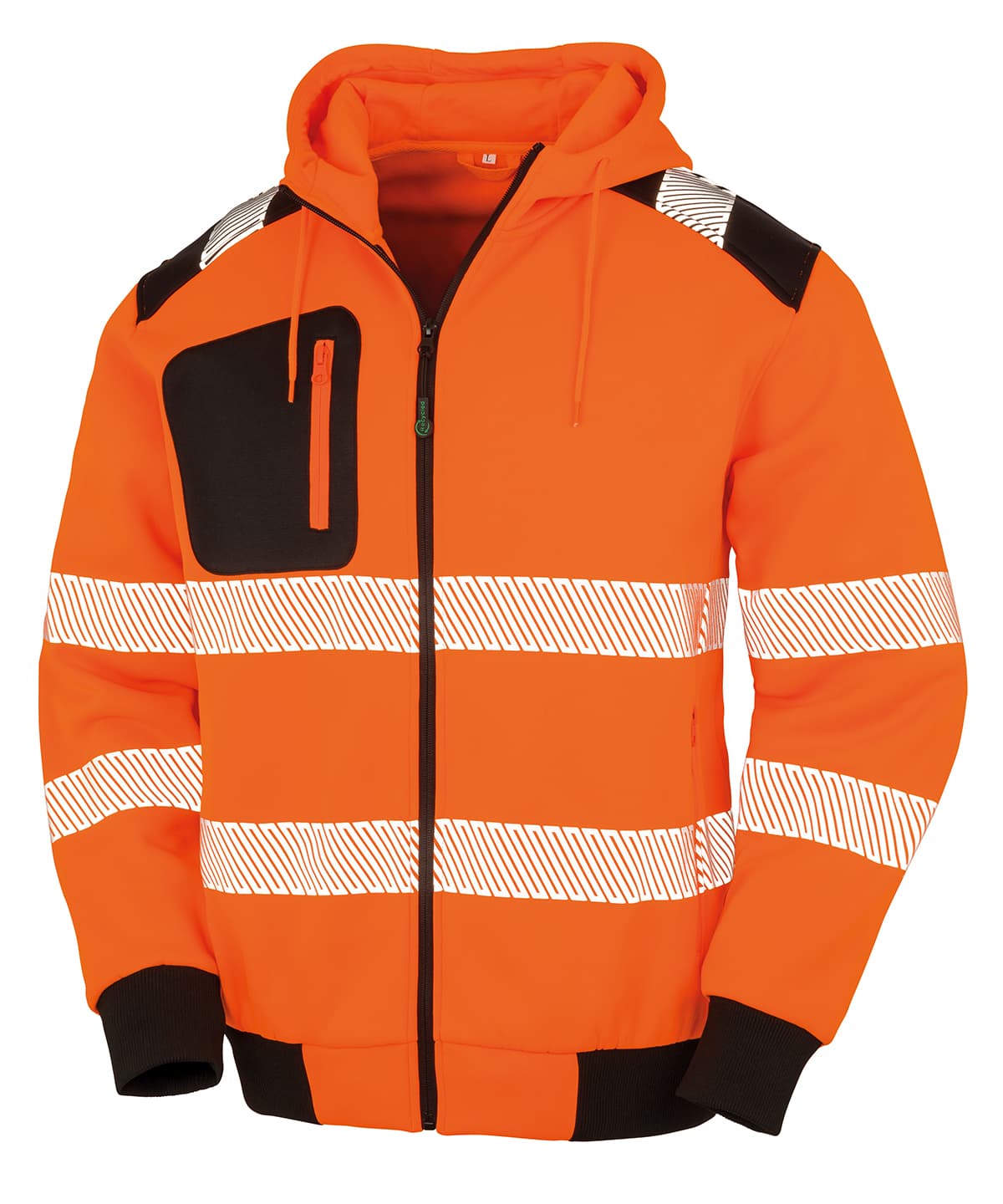 Recycled robust zipped safety hoodie — Size 2XL, Colour Fluorescent Orange/Black