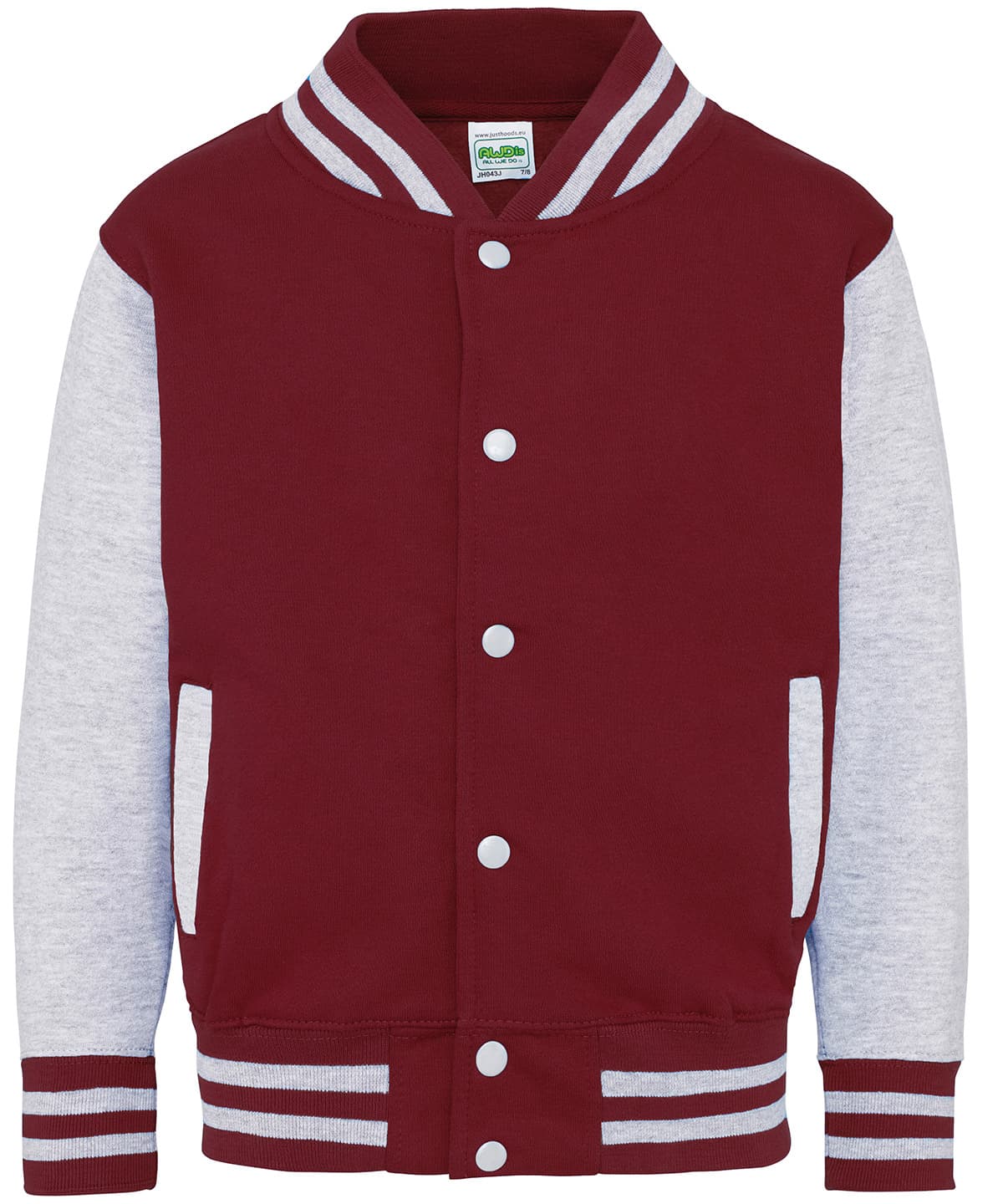 Kids varsity jacket — Size 1213, Colour Burgundy/Heather Grey